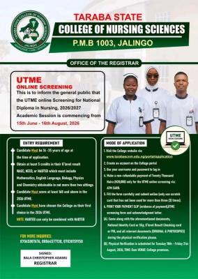 Taraba State College of Nursing Sciences ND Nursing Admission Form 2026/2027 Is Out